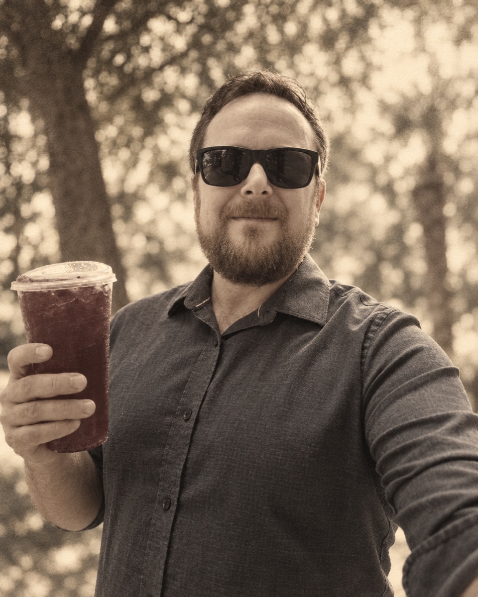 James Riter outdoors, wearing sunglasses and holding a drink, in a warm editorial portrait